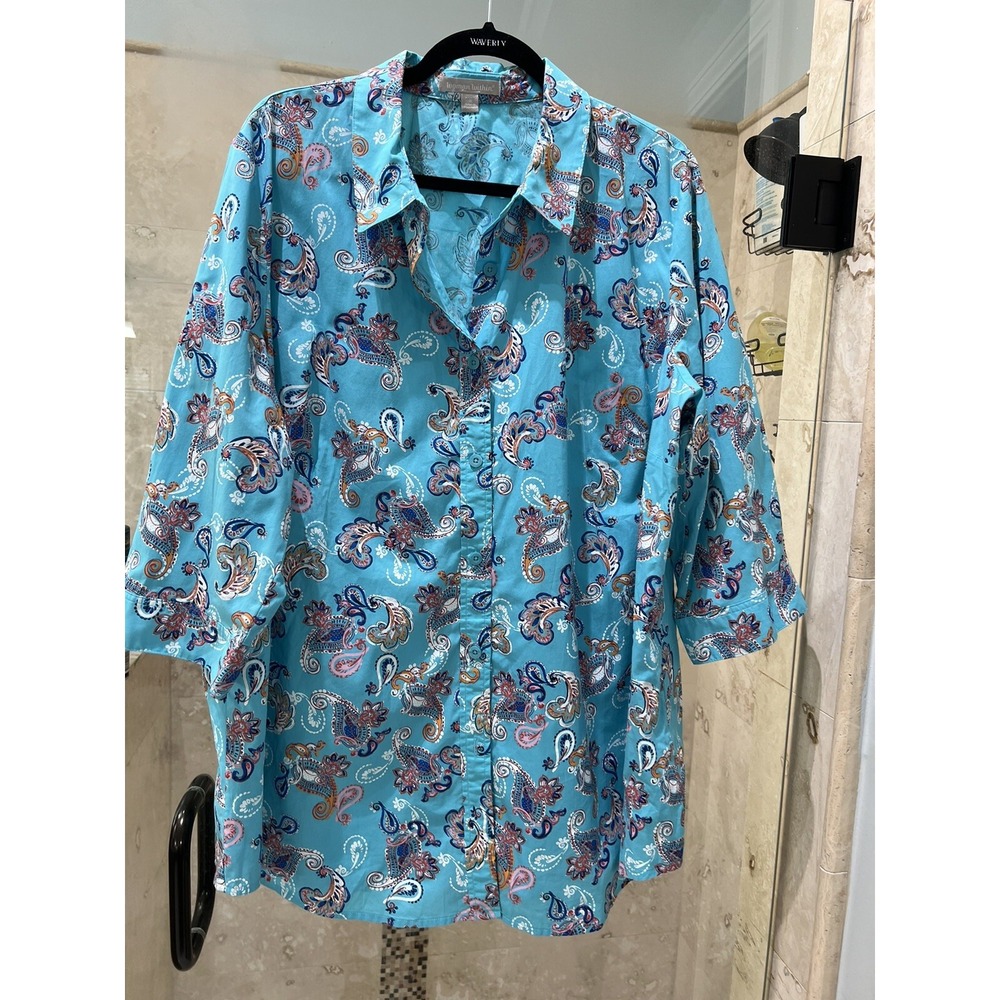 Woman Within Paisley Cotton Button Up Tunic Top Blue Pink 1X 22/24